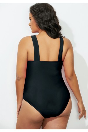 Black Cross Neck Ruched OnePiece Swimsuit
