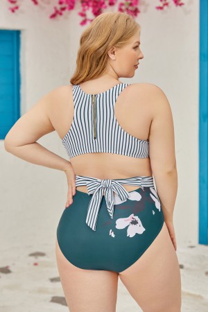Striped And Floral Scoop Neck Belt Zipper Back OnePiece Swimsuit