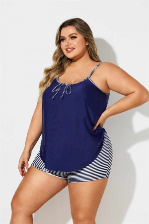 Navy Blue Bowknot Striped Women Plus Size Tankini Set