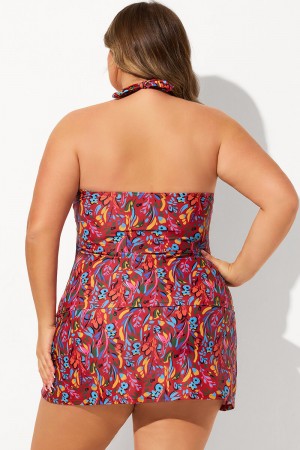 Red Floral Print Halter Strap Twisted Front Plus Size Tankini Set