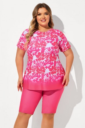 Pink Floral Print Round Neck Short Sleeve Plus Size Tankini Set