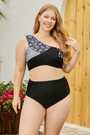 One Shoulder Colorblock Bikini Top With Black Bottom Sets