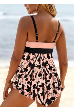 Floral Print Pink Lace Up Swimdress and Panty