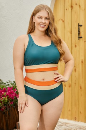 Teal Colorblock Square Neck Wide Straps Sporty Bikini Top And HighWaist Bottom Sets