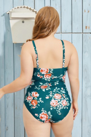 Green Floral Print Scoop Neck CutOut Adjustable Straps OnePiece Swimsuit
