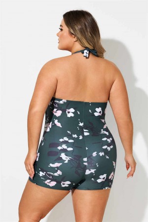 FLORAL HALTER STRAP SWEETHEART NECK RUCHING TUMMY CONTROL CASUAL ONEPIECE SWIMSUIT
