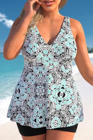 Plus Size Tribal Print Multi Color Swimdress and Shorts