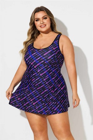 Purple And Blue Striped Scoop Neck Plus Size Swimdress