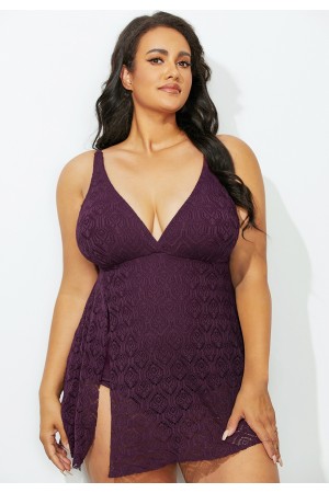 Burgundy Crochet Side Slit VNeck OnePiece Swimsuit