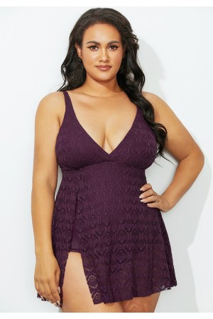 Burgundy Crochet Side Slit VNeck OnePiece Swimsuit